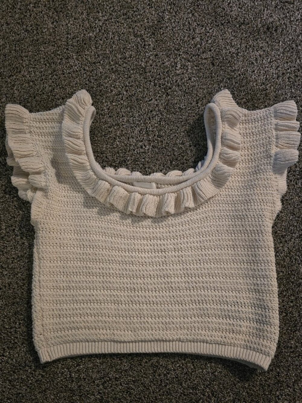 H&M Cream Flounce Crochet Knit Crop Top Flutter Sleeve Boho Cottagecore Sz L EUC